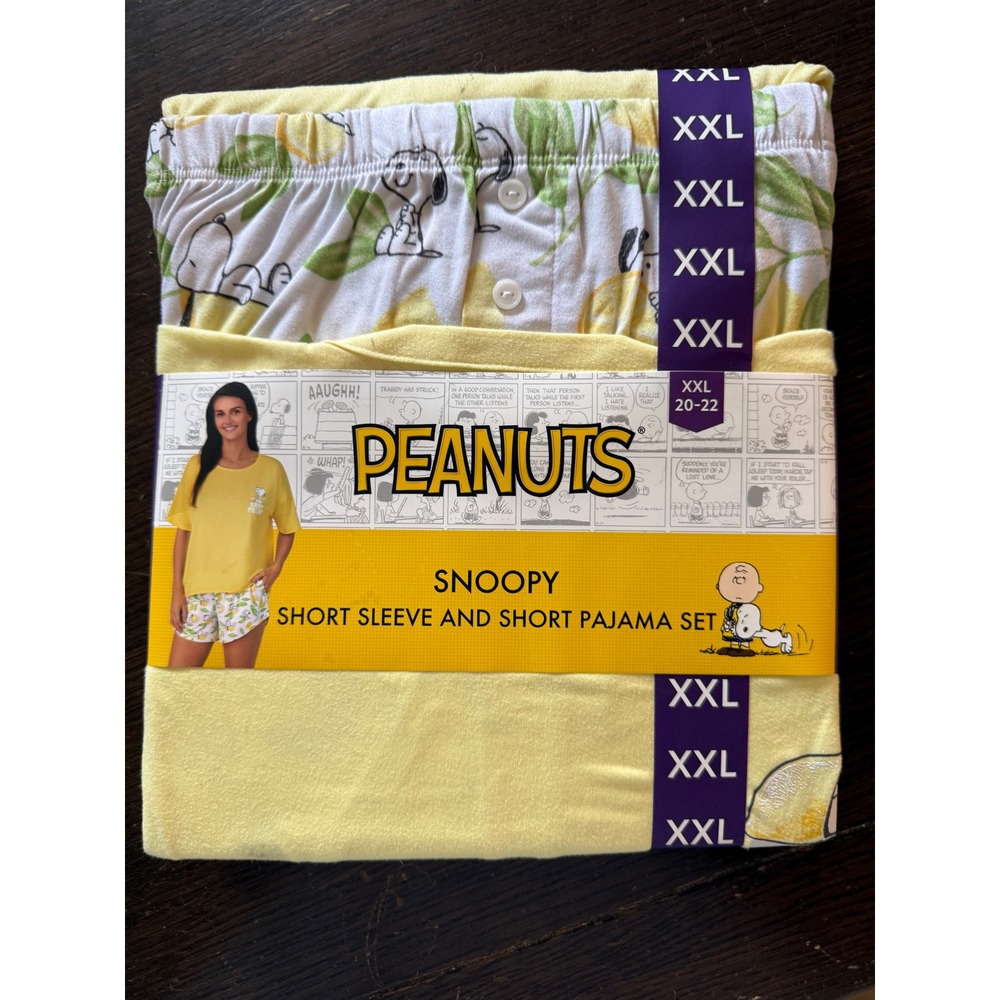 Peanuts Snoopy Pajama Set Womens XXL 20-22 Yellow Short Sleeve Shorts Easy Peasy